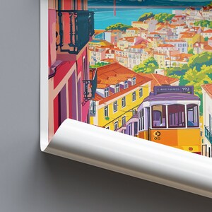 May include: A yellow and purple vintage tram with the text "Lisboa-Amadora 192" on the side, traveling up a steep hill in a colorful cityscape.