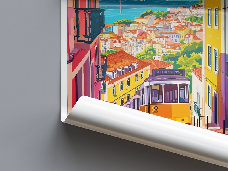 May include: A yellow and purple vintage tram with the text "Lisboa-Amadora 192" on the side, traveling up a steep hill in a colorful cityscape.