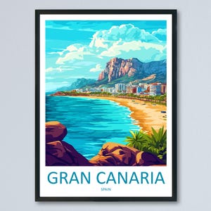 Gran Canaria Cartoon Travel Poster Spain Wall Art Island Landscape Print Coastal Decor Canary Islands Nature Scene Souvenir Gift