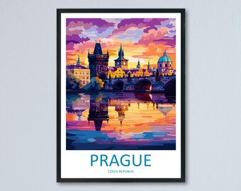 May include: A colorful illustration of Prague, Czech Republic, with a view of the Charles Bridge and the Vltava River at sunset. The image features a vibrant purple, orange, and blue color scheme.