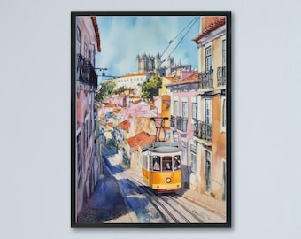 Poster acquerello di Lisbona, stampa di viaggio di Lisbona, arte murale di Lisbona, dipinto di paesaggio urbano di Lisbona, souvenir di Lisbona, decorazione del Portogallo