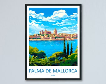 Puede incluir: Una ilustración colorida de Palma de Mallorca, España. La imagen muestra una ciudad con una gran catedral, una masa de agua azul y árboles verdes en primer plano. El texto "PALMA DE MALLORCA" y "ESPAÑA" está en la parte inferior de la imagen.
