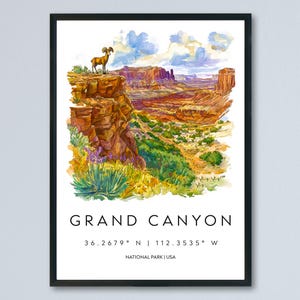 Póster de acuarela del Gran Cañón Impresión de viaje al Gran Cañón Arte de pared de Arizona Decoración del Gran Cañón Vista del cañón Impresión de paisaje de escena natural