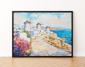 May include: Watercolor painting of a coastal scene with white buildings, windmills, and a stone path. The artwork features a vibrant blue sea, a bright sky, and colorful flowers. The painting is framed in a black frame.