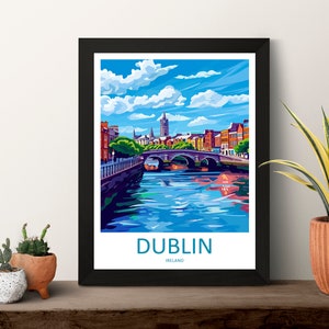 May include: A colorful illustration of Dublin, Ireland, featuring a bridge over a river with buildings and a blue sky with white clouds. The text "DUBLIN" and "IRELAND" is at the bottom of the image.