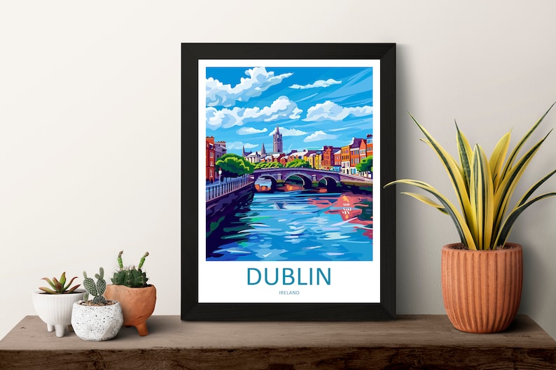 May include: A colorful illustration of Dublin, Ireland, featuring a bridge over a river with buildings and a blue sky with white clouds. The text "DUBLIN" and "IRELAND" is at the bottom of the image.
