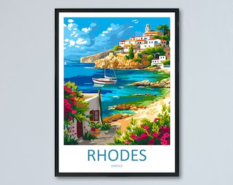 May include: A colorful painting of a seaside town in Rhodes, Greece. The town is built on a cliff overlooking the turquoise water. A sailboat is anchored in the bay. The painting is framed in black.