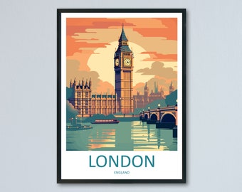 May include: A vintage-style illustration of Big Ben and the Houses of Parliament in London, England. The image features a sunset sky with a large sun, a river, and a bridge. The text "LONDON" and "ENGLAND" is at the bottom of the image.