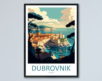 May include: A vintage travel poster featuring a colorful illustration of the city of Dubrovnik, Croatia. The poster has a blue, green, and orange color scheme and features a view of the city from the water. The text "DUBROVNIK" is printed in a teal blue font at the bottom of the poster.