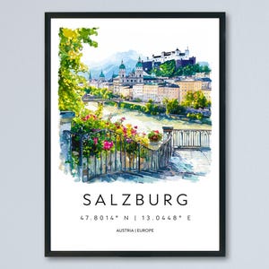 Salzburg Watercolor Poster Salzburg Travel Print Salzburg Wall Art Salzburg Cityscape Painting Salzburg Souvenir Austria Decor