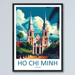 Könnte beinhalten: Eine farbenfrohe Illustration einer Kirche mit zwei hohen Türmen, umgeben von Palmen und einem blauen Himmel mit weißen Wolken. Der Text "HO CHI MINH" und "VIETNAM" ist unter dem Bild gedruckt.