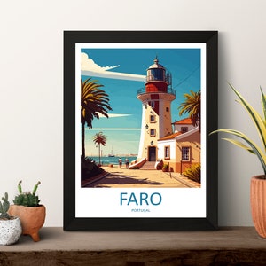 May include: A colorful illustration of a lighthouse in Faro, Portugal. The lighthouse is white with red accents and is surrounded by palm trees. The text "FARO" and "PORTUGAL" is printed below the lighthouse.