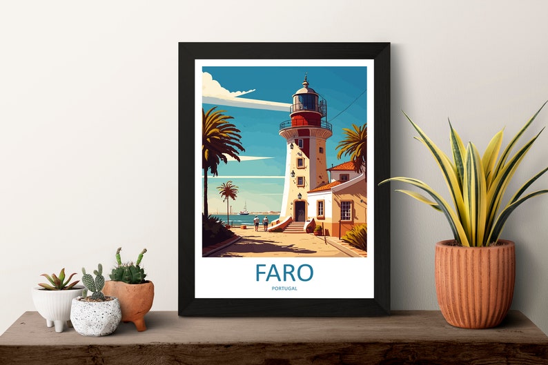 May include: A colorful illustration of a lighthouse in Faro, Portugal. The lighthouse is white with red accents and is surrounded by palm trees. The text "FARO" and "PORTUGAL" is printed below the lighthouse.