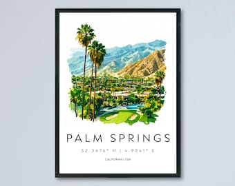 Póster de acuarela de Palm Springs, impresión de viaje de Palm Springs, California, arte de pared, decoración del hogar de Palm Springs, regalo de Palm Springs, amantes del arte, arte del desierto
