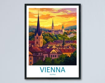 Affiche de voyage dessin animé Vienne Autriche Art mural impression paysage urbain Illustration européenne Décoration historique Cadeau souvenir de Vienne