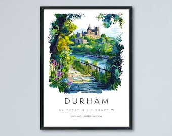 Affiche aquarelle de Durham, impression de voyage de Durham, art mural de Durham, peinture de la ville de Durham, souvenir de la cathédrale de Durham, décoration britannique