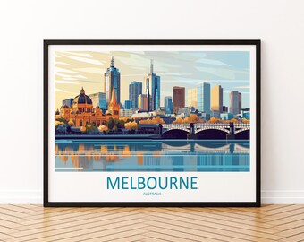 Póster de viaje con paisaje de Melbourne, Australia, horizonte de ciudad escénica, arte mural, impresión de arquitectura moderna, decoración de Victoria, obra de arte de Melbourne