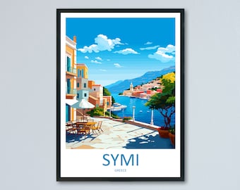 May include: A colorful illustration of a seaside town in Greece. The image features a view of the harbor with boats and buildings on the hillside. There is a table and chairs on a patio in the foreground. The text "SYMI GREECE" is at the bottom of the image.