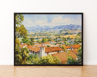 San Luis Obispo California Watercolor Poster SLO Travel Print Central Coast Painting City Wall Art USA Decor Souvenir