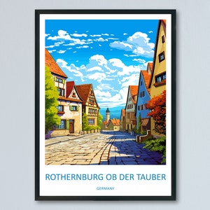 Könnte beinhalten: Eine farbenfrohe Illustration einer Straßenszene in Rothenburg ob der Tauber, Deutschland. Die Straße ist gesäumt von traditionellen deutschen Häusern mit roten Ziegeldächern und weißen Wänden. Der Himmel ist blau mit weißen Wolken. Der Text "ROTHENBURG OB DER TAUBER" und "GERMANY" befindet sich am unteren Rand des Bildes.