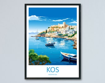 May include: A framed art print of Kos, Greece, featuring a coastal scene with white buildings, boats, and a clear blue sea under a bright sky. The word "KOS" is displayed at the bottom, with "AEGEAN SEA" below it.