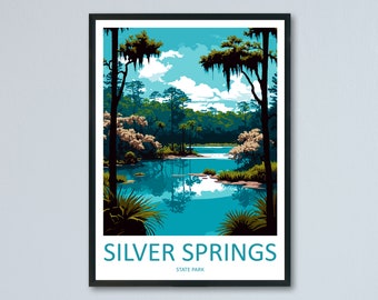 May include: A vintage-style poster featuring a scenic view of Silver Springs State Park in Florida. The poster depicts a tranquil blue lake surrounded by lush green trees and a bright blue sky with fluffy white clouds. The text "SILVER SPRINGS STATE PARK" is displayed at the bottom of the poster.