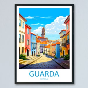 May include: A colorful illustration of a street in Guarda, Portugal. The street is lined with buildings in shades of yellow, orange, pink, blue, and green. A church tower is visible in the distance.