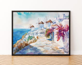 May include: Watercolor painting of a coastal village with white buildings, windmills, and vibrant bougainvillea. The artwork depicts a sunny day with a bright blue sky and sea. The painting is framed in a black frame.
