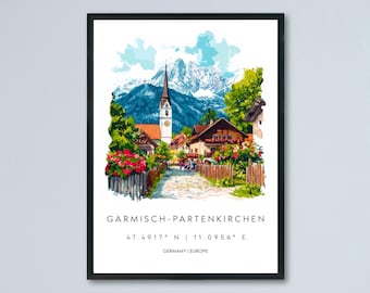 Garmisch-Partenkirchen Watercolor Poster Wall Art Garmisch-Partenkirchen Wall Hanging Home Décor Garmisch-Partenkirchen Gift Art Lovers