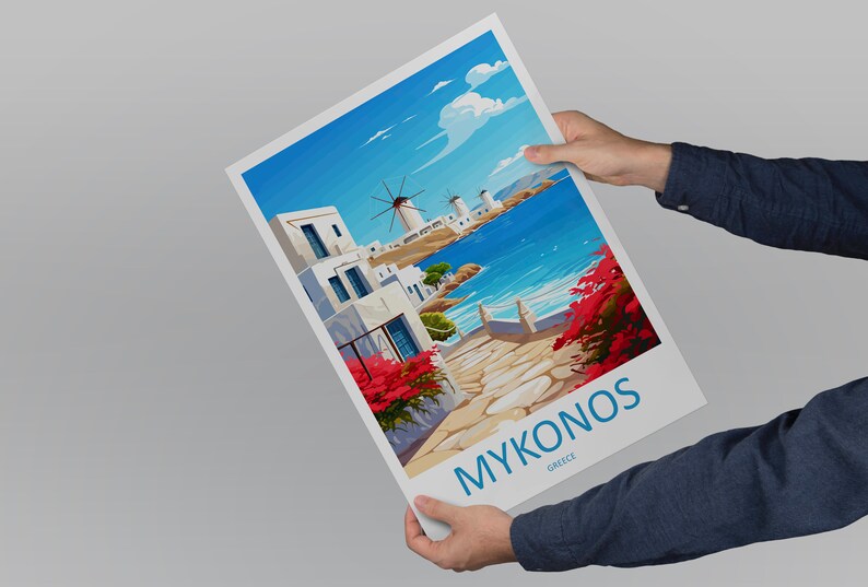 Puede incluir: Una ilustraci&oacute;n colorida de una escena de isla griega con edificios blancos, molinos de viento y un mar azul. El texto "MYKONOS - GRECIA" est&aacute; en la parte inferior de la imagen.