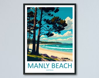 May include: A vintage travel poster featuring a scenic view of Manly Beach in Australia. The poster depicts a sandy beach with turquoise water, waves crashing on the shore, and lush green trees in the foreground. The text "MANLY BEACH" and "AUSTRALIA" is displayed at the bottom of the poster.