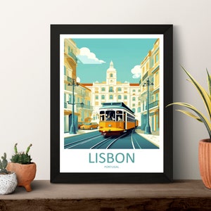 May include: A colorful illustration of a yellow tram traveling down a street in Lisbon, Portugal. The tram is surrounded by buildings and streetlights. The text "LISBON" and "PORTUGAL" is printed below the image.