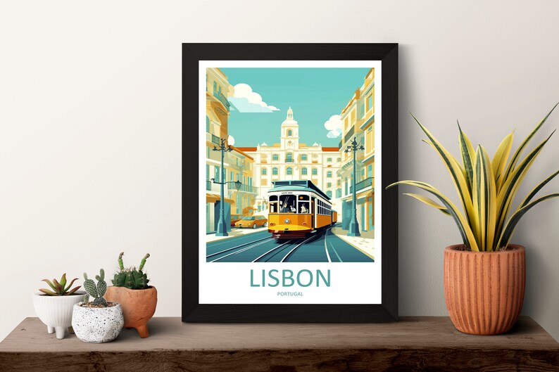 May include: A colorful illustration of a yellow tram traveling down a street in Lisbon, Portugal. The tram is surrounded by buildings and streetlights. The text "LISBON" and "PORTUGAL" is printed below the image.