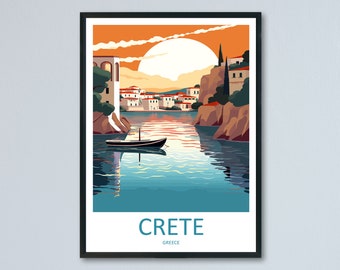 May include: A colorful illustration of a town on the island of Crete, Greece. The town is nestled between two cliffs, with a small boat in the water in front of it. The sun is setting in the background, casting a warm glow over the scene. The text "CRETE" and "GREECE" is printed below the image.