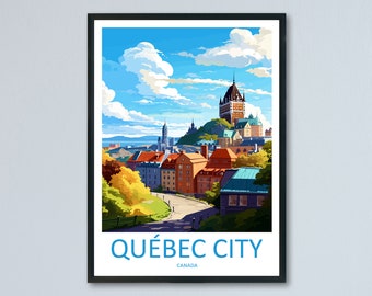 Puede incluir: Una ilustración colorida de la ciudad de Quebec, Canadá. La imagen muestra un paisaje urbano con un gran edificio parecido a un castillo en la cima de una colina. La ciudad está rodeada de árboles y una masa de agua. El texto "QUEBEC CITY" y "CANADA" está impreso debajo de la imagen.