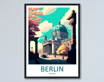 May include: A vintage travel poster featuring a colorful illustration of a building with a dome in Berlin, Germany. The poster has a teal blue background with a white border and the text "BERLIN, GERMANY" at the bottom.