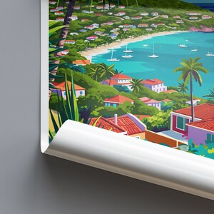 May include: A colorful illustration of a tropical island with a beach, turquoise water, and a hillside with houses and palm trees.