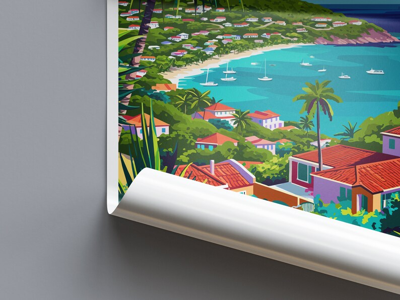 May include: A colorful illustration of a tropical island with a beach, turquoise water, and a hillside with houses and palm trees.