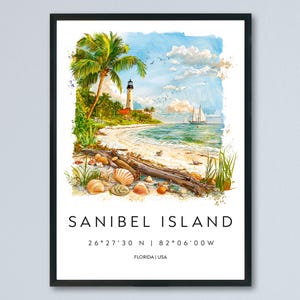 Sanibel Island Watercolor Poster Sanibel Travel Print Florida Wall Art Sanibel Island Decor Coastal Beach Scene Ocean View Shell Print
