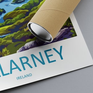 May include: A poster with a colorful illustration of a lake and mountains. The text "KILLARNEY" in blue is at the bottom of the poster, with "IRELAND" in smaller blue text below it.