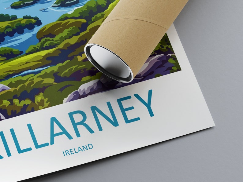 May include: A poster with a colorful illustration of a lake and mountains. The text "KILLARNEY" in blue is at the bottom of the poster, with "IRELAND" in smaller blue text below it.