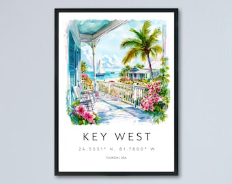 Key West Watercolor Poster Key West Travel Print Key West Wall Art Key West Painting Florida Souvenir Coastal Decor