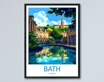 May include: A colorful illustration of the city of Bath, England. The image features a canal with buildings and trees reflected in the water. The text "BATH SOMERSET" is at the bottom of the image.