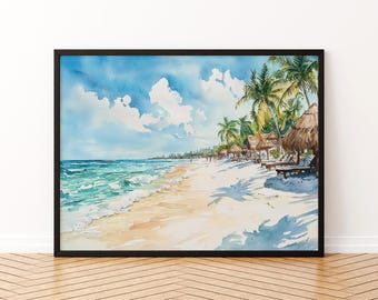 Playa del Carmen Mexico Watercolor Poster Playa del Carmen Travel Print Beach Landscape Painting Wall Art Caribbean Souvenir
