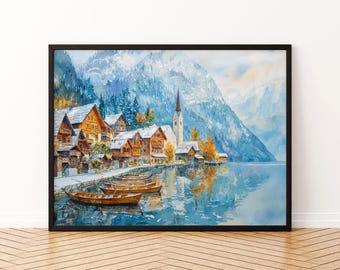 Affiche aquarelle de Hallstatt, Autriche, impression de voyage de Hallstatt, peinture de village au bord du lac, art mural montagne, souvenir de l'Europe