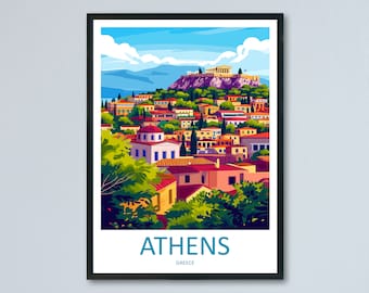 May include: A colorful illustration of the city of Athens, Greece. The Acropolis is visible in the background, with a cityscape of colorful buildings and green trees in the foreground. The text "ATHENS" and "GREECE" is printed below the image.