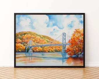 Hudson River Valley New York Watercolor Poster Hudson Travel Print Landscape Painting Wall Art Upstate Souvenir