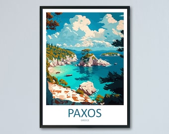 May include: A colorful illustration of a coastal scene in Paxos, Greece. The image features a turquoise blue bay with a small island in the center, surrounded by rocky cliffs and lush green trees. The sky is a bright blue with fluffy white clouds.