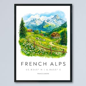 French Alps Watercolor Poster Alps Travel Print France Wall Art French Alps Decor Mountain Scene Ski View Snowy Landscape Nature Print