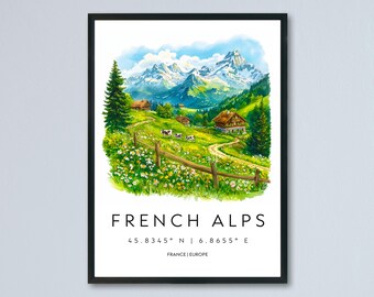 French Alps Watercolor Poster Alps Travel Print France Wall Art French Alps Decor Mountain Scene Ski View Snowy Landscape Nature Print